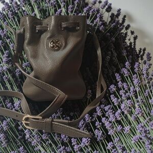 Tory Burch Taupe Mini Bucket Leather Drawstring Crossbody